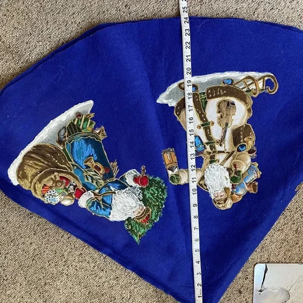 Vintage Blue MERRY CHRISTMAS TREE SKIRT Fabric Panel Santa Clause Holiday Decor